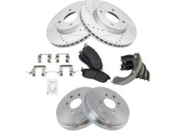 TRQ - Front And Rear Ceramic Brake Pads And Cross Drilled And Slotted Rotor Shoe Drum Kit - 4 Lug - Premium G-Coated - Vented Front Rotors - 2007 - 2012 Nissan Sentra (with 4 Lug Wheels) - BKA12753